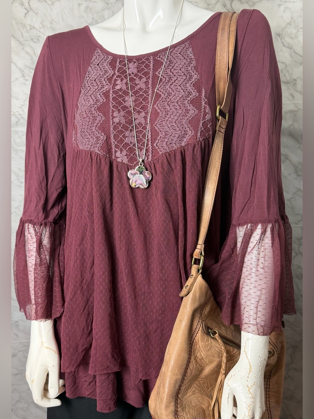 Mauve Plum Romantic Babydoll Tunic Top Cottagecore M POL Lace Bell Sleeve